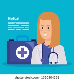 woman doctor with stethoscope and first aid