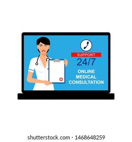 woman doctor with stethoscope on the screen, concept of online diagnostics, vector illustration in flat style. online medical application. notebook with medical assistant and doctor consultation