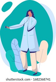 Woman doctor with stethoscope, online medicine, female character concept and flat vector illustration on white background. Design web banner medical examination, observation by professional.