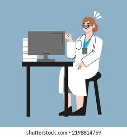 Woman Doctor with stethoscope sitting at the desk with monitor. Medcine, pandemic, lockdown therapy, health care, hospital workspace concept. Flat vector illustration isolated on white background
