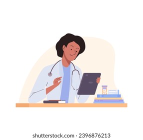 Woman doctor with stethoscope works in the office with tablet. Medic consultation and diagnosis. Workplace in hospital medical office. Vector flat cartoon illustration