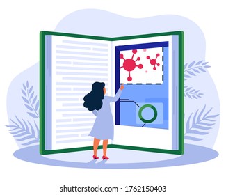 Woman doctor studying virus prevention instructions. Medic reading huge book flat vector illustration. Medical training concept for banner, website design or landing web page
