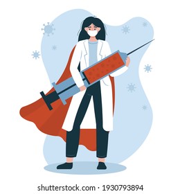 Woman Doctor Superhero is wearing a Mask and holding a Syringe injection with Vaccine. Treatment for Coronavirus infection COVID-19. Medical Vaccination Concept. Flat vector character illustration.