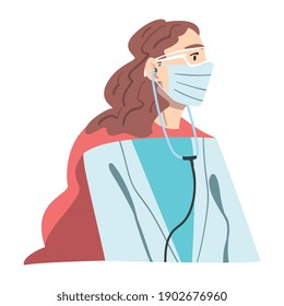 Woman Doctor Superhero Wearing Medical Mask and Cape, Confident Doctor Fighting Against Viruses, Healthcare and Safety Concept Cartoon Style Vector Illustration