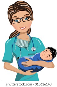 Woman Doctor Surgeon Holding Newborn Isolated 