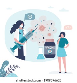 Woman doctor with syringe and coronavirus vaccine. Cute girl thinking about vaccination from viruses and diseases. Covid-19 pandemic. Healthcare concept. Trendy flat vector illustration