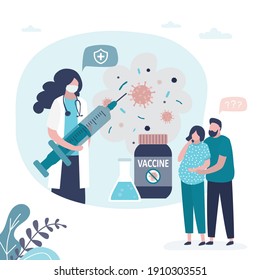 Woman doctor with syringe and coronavirus vaccine. Love couple thinking about vaccination from viruses and diseases. Pregnant woman and husband. Covid-19 pandemic, healthcare. Flat vector illustration