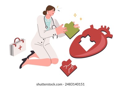 Woman doctor takes care of patient heart, replacing diseased fragment with healthy one in order to prolong person life. Concept of heart transplantation and surgery on cardiac system