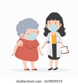 Woman Doctor taking care of patient old woman with mask