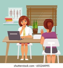 Woman doctor is taking patients. The medical office. Vector illustration