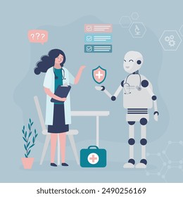 Eine Ärztin spricht über einen Medizinroboter. Chatbot-Assistent hilft bei der medizinischen Forschung und Behandlung. Chatbot mit KI-Support-Fachpersonal. Moderne Technologie, Innovation im Gesundheitswesen. Flache Vektorgrafik