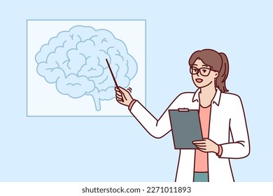 Woman doctor teaches neurology pointing at brain drawing hanging on wall during medical education course. Doctor neurologist shows picture of brain to ask colleagues for advice