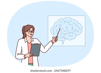 Woman doctor teaches neurology pointing at brain drawing hanging on wall during medical education course. Doctor neurologist shows picture of brain to ask colleagues for advice