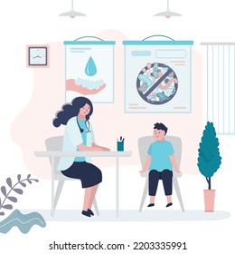 Woman doctor tells boy about hygiene. Teenager talks to nurse about the benefits of handwashing and protecting against spread of pathogens and bacteria. Healthcare, health education. Flat vector