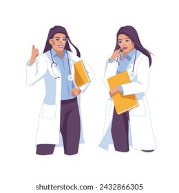 The woman doctor is in two different poses: pondering and finding a solution. Vector flat illustration