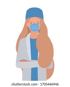 Woman doctor with uniform mask and hat design of Medical care health emergency aid exam clinic and patient theme Vector illustration