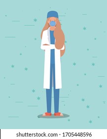 Woman doctor with uniform mask and hat design of Medical care health emergency aid exam clinic and patient theme Vector illustration
