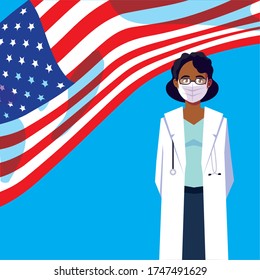 Woman doctor with uniform and mask with usa flag design of Medical care health and emergency theme Vector illustration