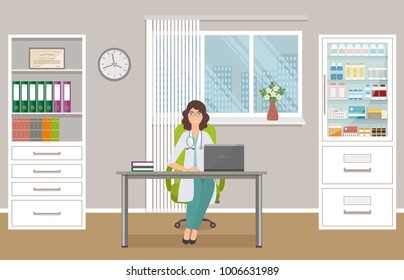 Woman doctor in uniform sitting at the desk in doctor's office. Medical consulting room interior. Medicine employee character waiting fo patients in clinic. Vector illustration.