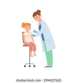 Woman doctor vaccinates the girl. Good immunity in kids, vaccination against COVID-19 or influenza. Vector illustration in flat style.