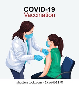 a woman and a doctor with vaccination. Isolated on abstract background. vector illustration design