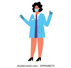 a woman doctor with a vaccine, with a syringe in her hands.  A doctor in a dressing gown, an injection.  Vector illustration of a medical worker