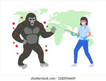 Woman Doctor With Vaccine Syringe Stop Monkeypox Virus Epidemia Vector Illustration