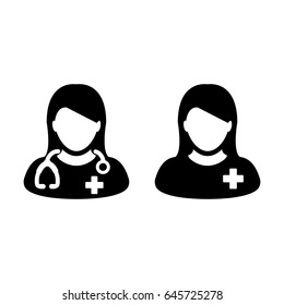 Woman Doctor Vector Icon With Patient Or Medical Assistant Avatar In Glyph Pictogram Symbol Illustration