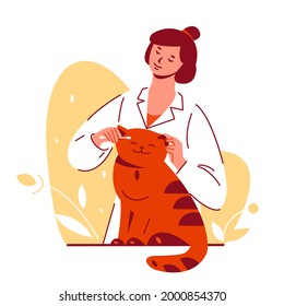 Woman Doctor Veterinarian Cleans Heals Cat Ears. Taking Care Of Grooming For Pets. Vector Illustration In Flat Cartoon Style.