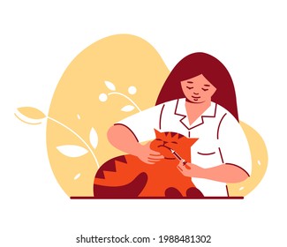 Woman doctor veterinarian gives medicine to the cat. Pet care treatment. Vector illustration in flat cartoon style.