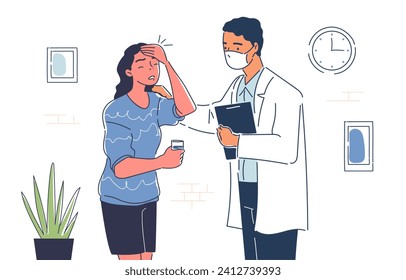 Woman at doctor visit. Specialist in medical coat with patient with symptoms. Health care, diagnosis and treatment. Young guy with girl with headache. Cartoon flat vector illustration