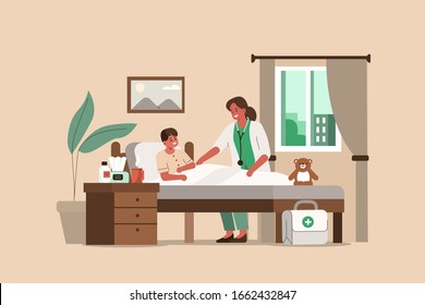 Woman Doctor Visiting Little Boy in his House. Kid Lying in Bed while having Examination with Doctor Pediatrician. Medical People Characters. Doctor at Home Concept. Flat Cartoon Vector Illustration.