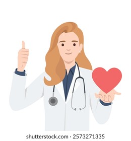 Woman doctor wearing coat and stethoscope, holding red heart in one hand and giving thumbs up. Flat vector illustration isolated on white background