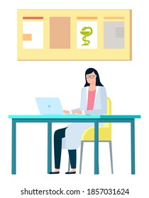 Woman doctor wearing glasses and medical gown working with laptop, female consultant in clinic, workplace with wireless device and shelf, hospital vector