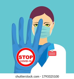 Woman doctor wearing a mask and a blue glove with the text stop covid 19