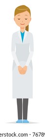 A woman doctor wearing a white coat is bowing