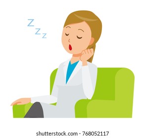 A woman doctor wearing a white suit is falling asleep sitting on the sofa