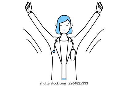 A woman doctor in white coat doing radio calisthenics, preparation for accident prevention
