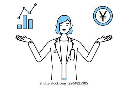 A woman doctor in white coat guiding an image of DX, performance and sales improvement.