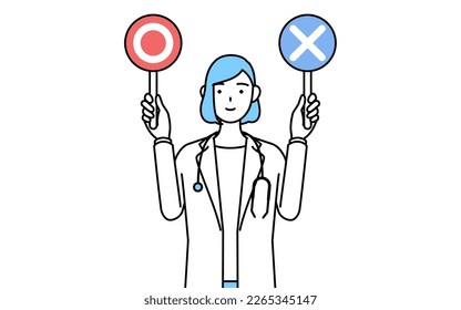 A woman doctor in white coat holding a stick indicating correct and incorrect answers.