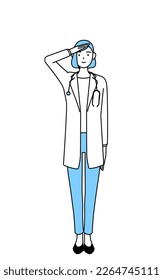 A woman doctor in white coat making a salute.