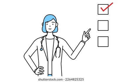 A woman doctor in white coat pointing to a checklist.