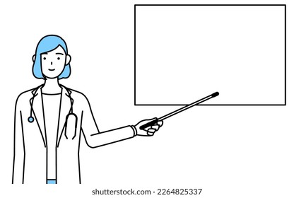 A woman doctor in white coat pointing at a whiteboard with an indicator stick.