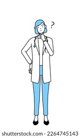 A woman doctor in white coat with questions.