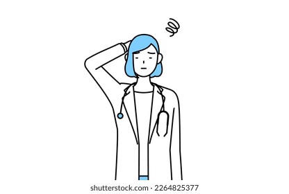 A woman doctor in white coat scratching her head in distress.