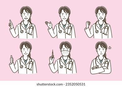 doctora mujer con abrigo blanco, ilustración del vector