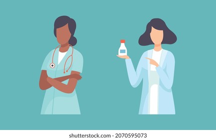 Woman Doctor in White Coat with Stethoscope and Medicament Bottle Vector Set