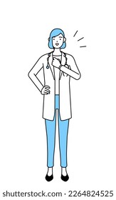 A woman doctor in white coat tapping her chest.