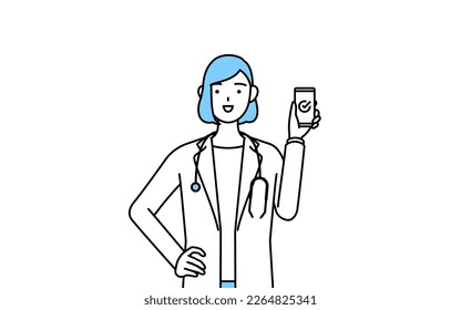 A woman doctor in white coat using a smartphone at work.