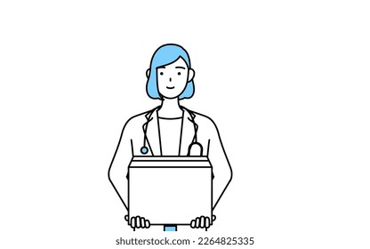 A woman doctor in white coat working to carry cardboard boxes